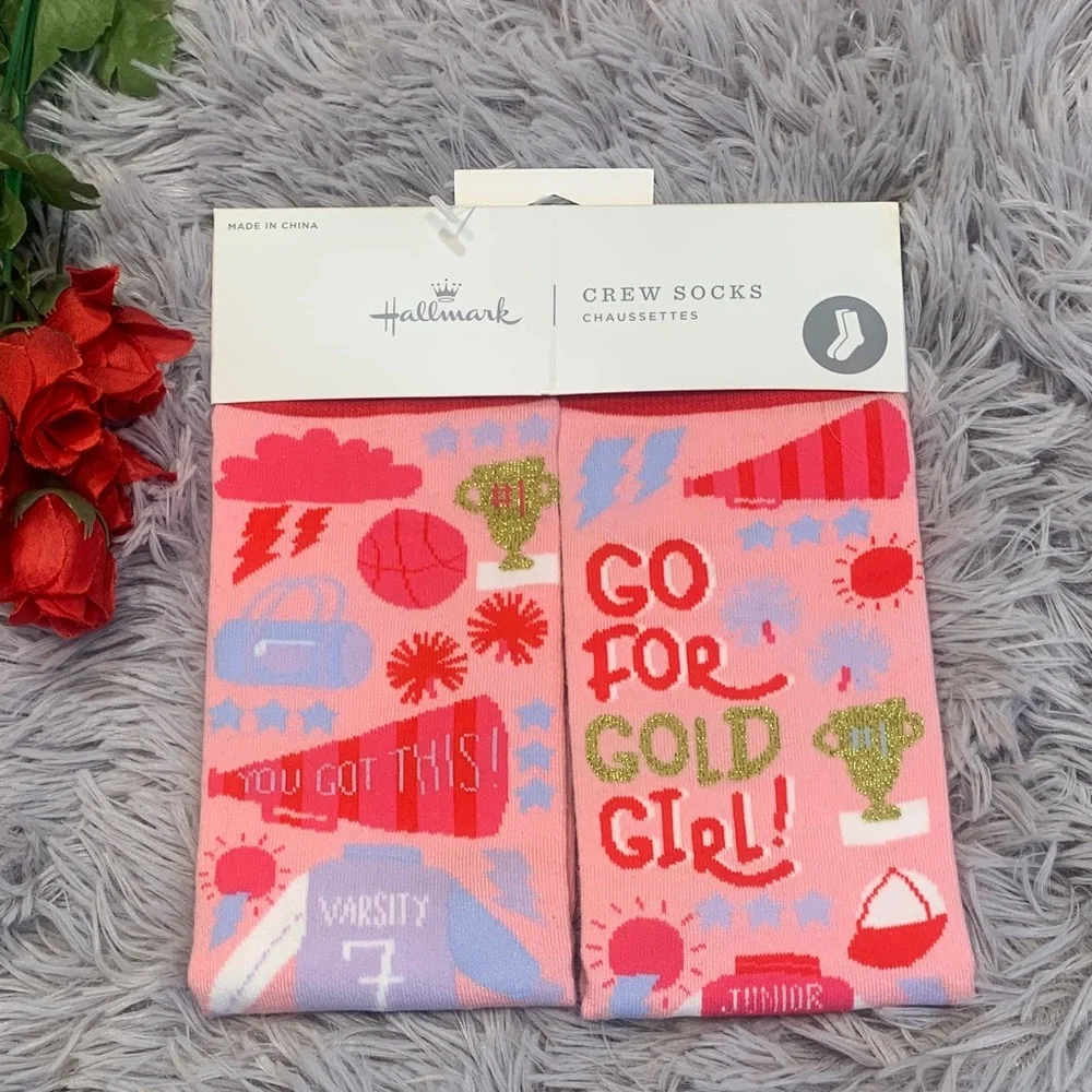 🌹Hallmark • NWT Pink 'Go For Gold Girl' Girls' Crew Socks Sport & Trophy Motifs